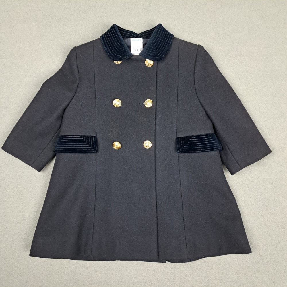 Vintage Dulces Wool‎ Pea Coat Child 12 Months Black Gold Button Sailor Jacket